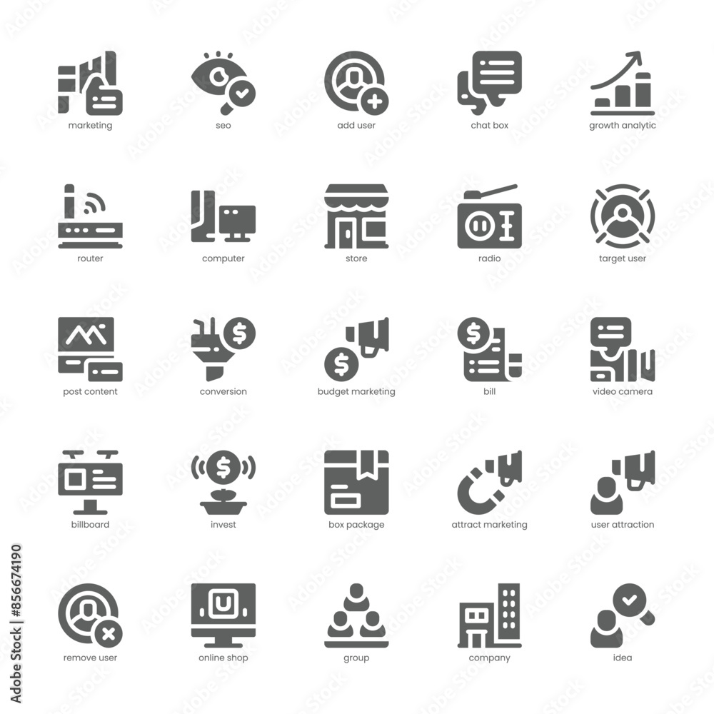 Marketing Technology icon pack for your website, mobile, presentation, and logo design. Marketing Technology icon glyph design. Vector graphics illustration and editable stroke. Marketing Technology icon pack for your website, mobile, presentation, and logo design. Marketing Technology icon glyph design. Vector graphics illustration and editable stroke.