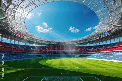 Panoramic view of a soccer stadium from the top of the stands