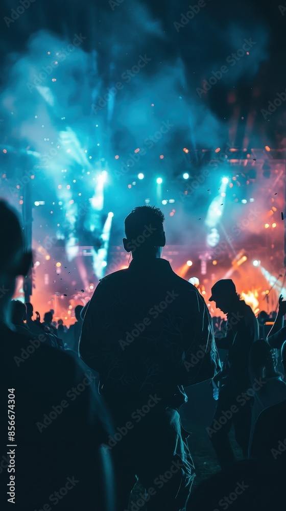 A man stands silhouetted against the bright lights of a concert stage A man stands silhouetted against the bright lights of a concert stage