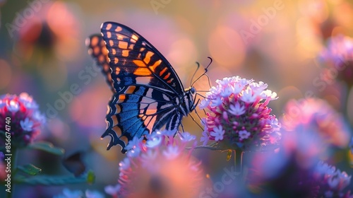 Colorful Butterfly Landing on Pink Flowers © Gayan