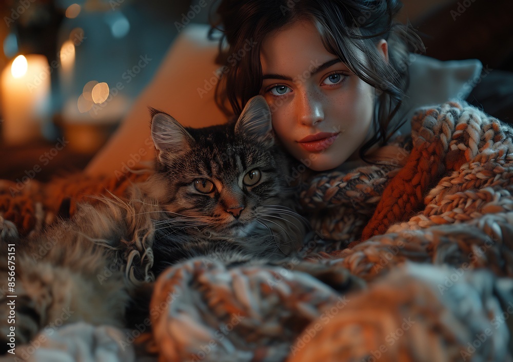 Young girl sleeping with a kitten on a knitted blanket. A girl and a cat. Teenagers and pets. Young girl sleeping with a kitten on a knitted blanket. A girl and a cat. Teenagers and pets.