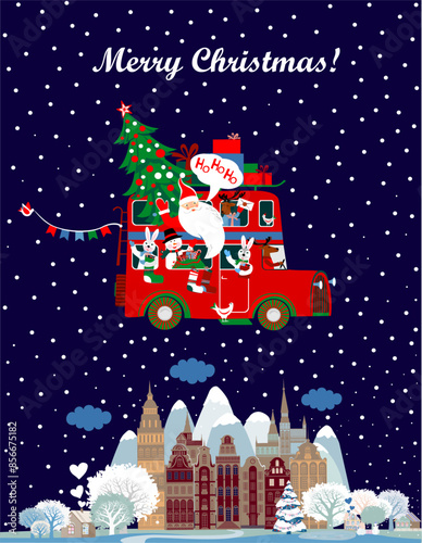 Winter travel. Travel to World. Vacation. Road trip. Tourism. Journey. Travelling illustration. Merry Christmas banners in flat style. Festive Christmas bus with Santa and cute animals. Holiday trip 