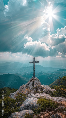 Wallpaper Mural Clouds surrounding a cross on a mountain, with sunlight streaming through, highlighting themes of salvation and hope Torontodigital.ca