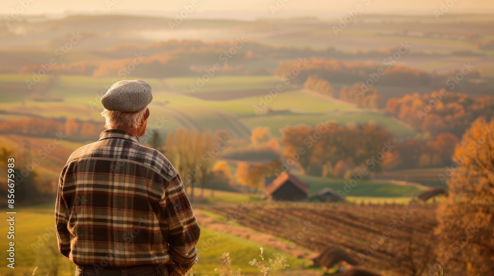 Tranquil Morning in Agriculture - Backview of Farmer Contemplating Fields on Hilltop at Sunrise