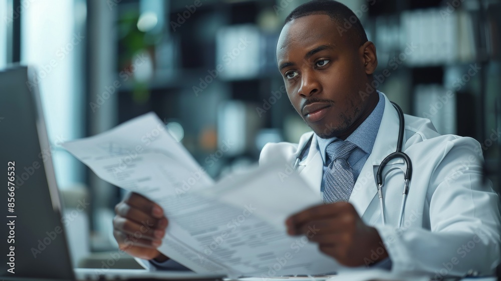 Doctor in Lab Coat: A doctor wearing a lab coat and glasses, sitting at a desk examining medical documents. Doctor in Lab Coat: A doctor wearing a lab coat and glasses, sitting at a desk examining medical documents.