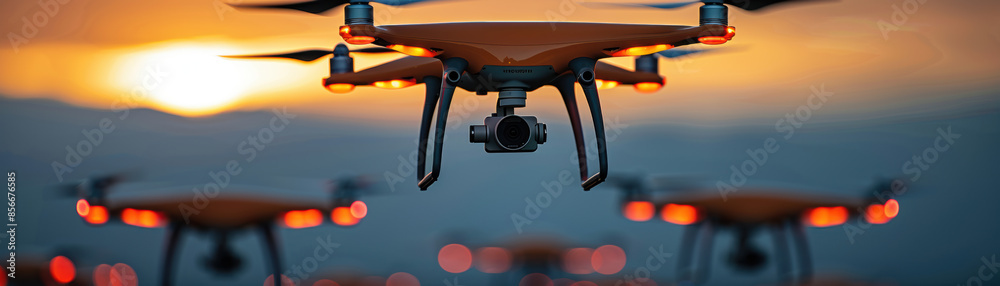 A group of drones flying in the sky at sunset A group of drones flying in the sky at sunset
