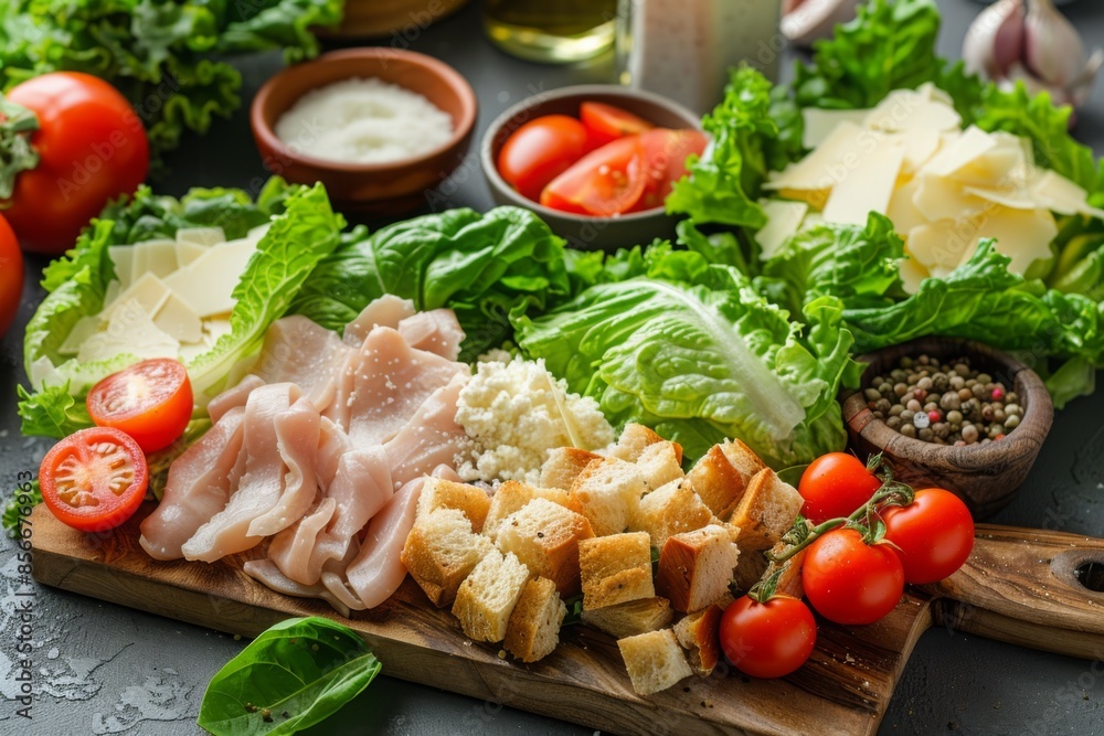Wooden cutting board with Caesar salad and various ingredients Wooden cutting board with Caesar salad and various ingredients