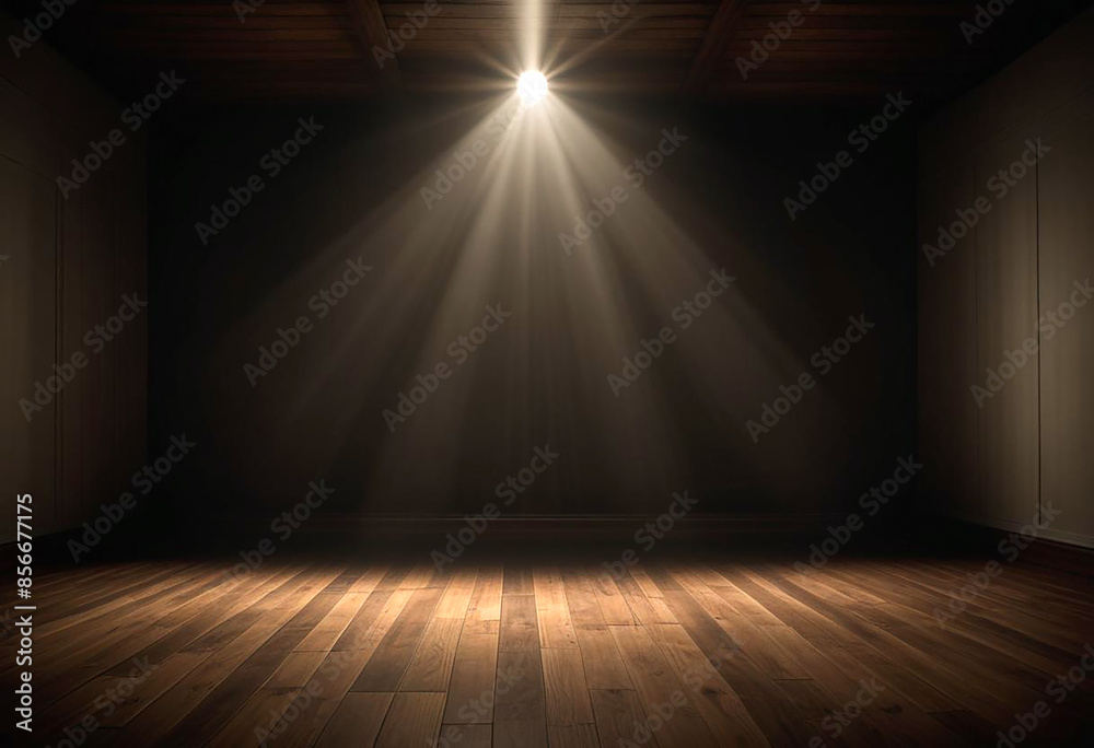 Dark studio background, room with wooden floor, spotlight