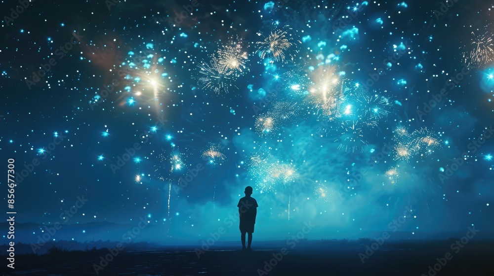 a man is watching the fireworks. rear view a man is watching the fireworks. rear view