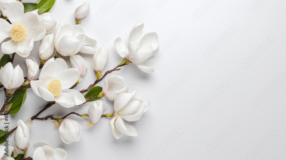 Beautiful blooming white magnolia flowers, spring background. White spring flowers on a branch, background with space for copy, text and advertising Beautiful blooming white magnolia flowers, spring background. White spring flowers on a branch, background with space for copy, text and advertising