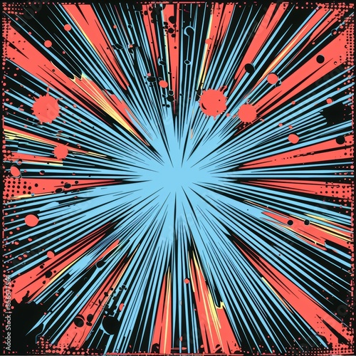 Retro comic explosion with a blue central burst, surrounded by red and black lines and dots, suitable for high-energy designs photo