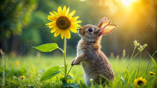 Adorable little rabbit standing on hind legs, ears perked up, sniffing a bright yellow sunflower in a lush green meadow on a warm summer day. photo