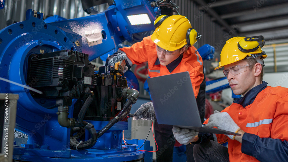 group of male engineer workers maintenance automatic robotic arm machine in a dark room factory. worker checking and repairing automatic robot hand machine. Worker wearing safety glasses and helmet. group of male engineer workers maintenance automatic robotic arm machine in a dark room factory. worker checking and repairing automatic robot hand machine. Worker wearing safety glasses and helmet.