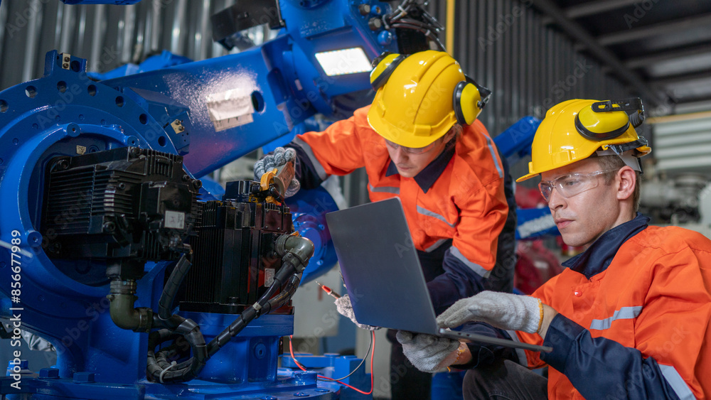 group of male engineer workers maintenance automatic robotic arm machine in a dark room factory. worker checking and repairing automatic robot hand machine. Worker wearing safety glasses and helmet. group of male engineer workers maintenance automatic robotic arm machine in a dark room factory. worker checking and repairing automatic robot hand machine. Worker wearing safety glasses and helmet.