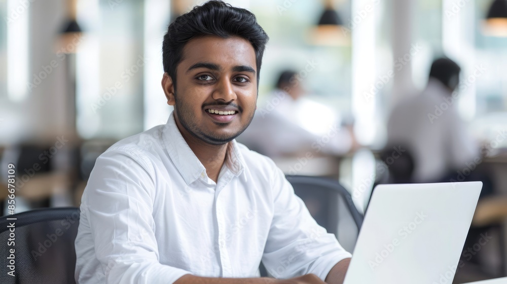 Obraz premium a young smiling indian businessman is sitting at his laptop in the office