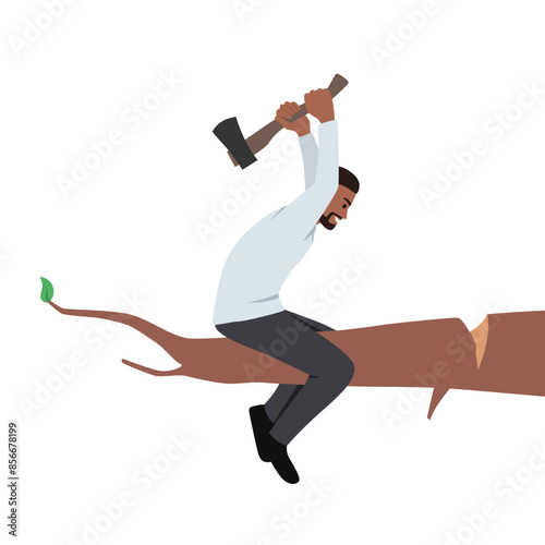 Young bearded businessman cutting the branch on which he sits using axe. Flat vector illustration isolated on white background photo