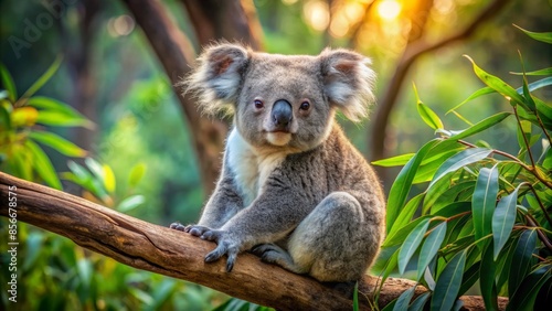 Adorable australian koala sits comfortably on a sturdy eucalyptus tree branch, its soft grey fur blending with the leafy green surroundings in a serene forest setting.