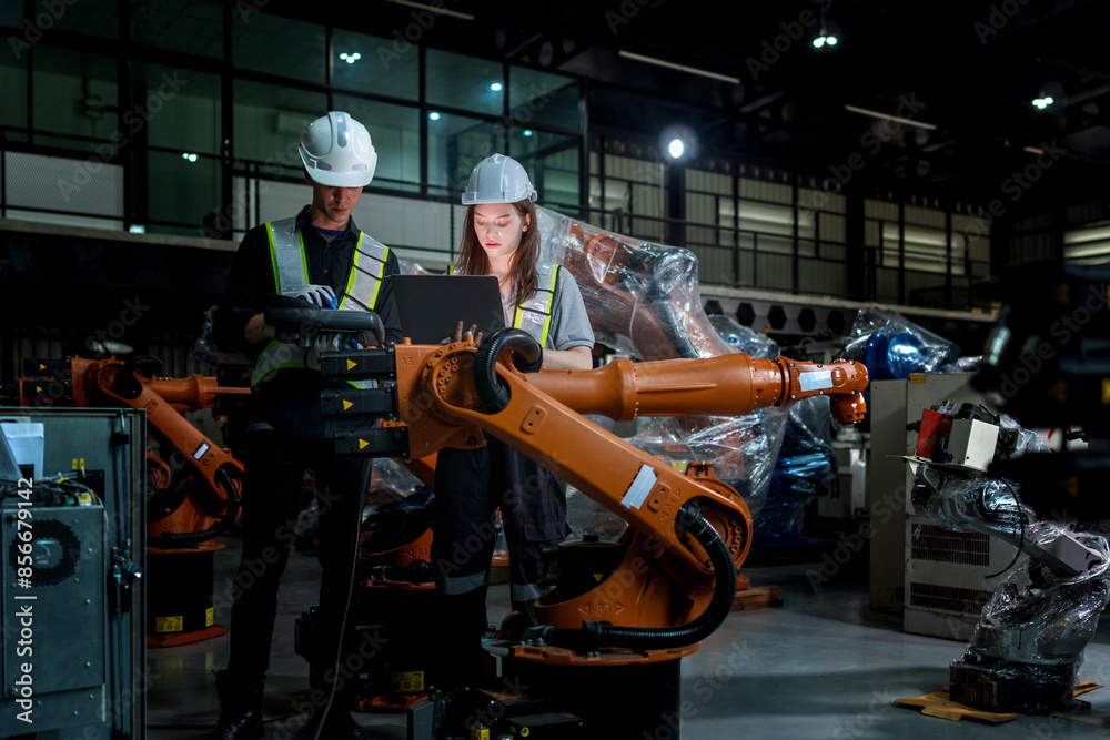 Fototapeta premium team engineers inspecting on machine with smart tablet. Worker works at heavy machine robot arm. The welding machine with a remote system in an industrial factory. Artificial intelligence concept.