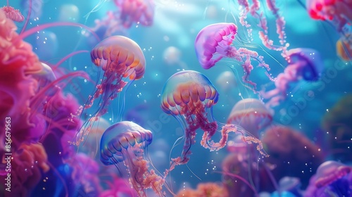Vibrant underwater scene featuring colorful jellyfish swimming gracefully among vivid sea flora and fauna in a serene ocean environment. photo