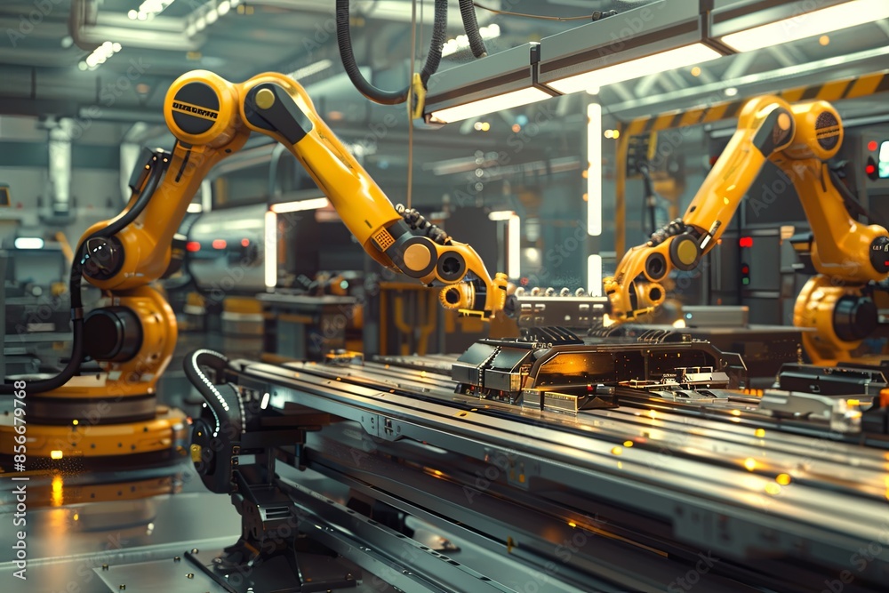 An image showcasing a high-tech manufacturing plant where robotic arms work alongside automated systems, controlled by AI to optimize production processes. Generative AI An image showcasing a high-tech manufacturing plant where robotic arms work alongside automated systems, controlled by AI to optimize production processes. Generative AI