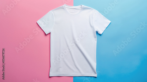 Top view of a clean white t-shirt on pastel color background © ihalilyp