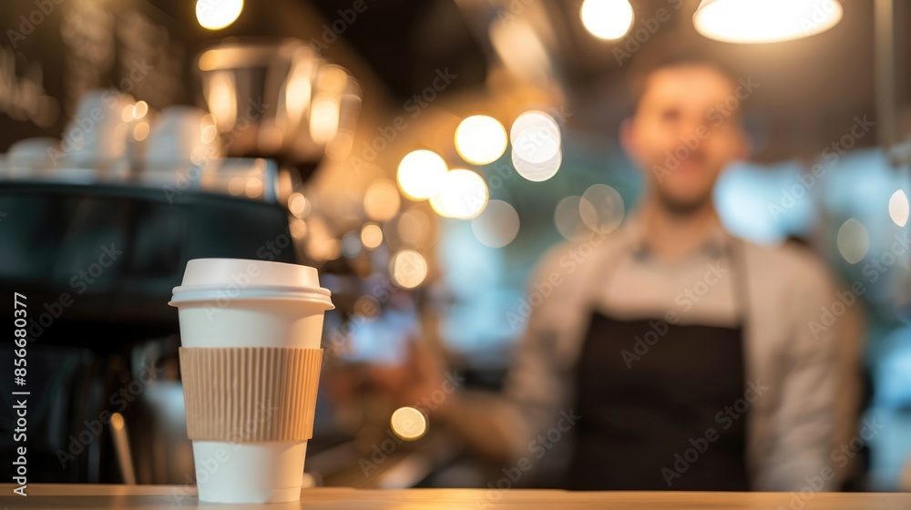 A glass of coffee. A blur of a store and a working man in a cafe A glass of coffee. A blur of a store and a working man in a cafe