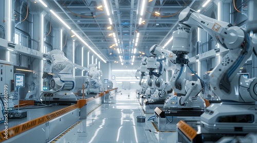 A line of robotic arms operate in a clean, modern manufacturing facility, showcasing the efficiency of automated systems in industrial production. Generative AI © Анатолий Савицкий