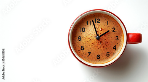 A red coffee cup with the image of a clock face of an alarm on it,on white background. Top view