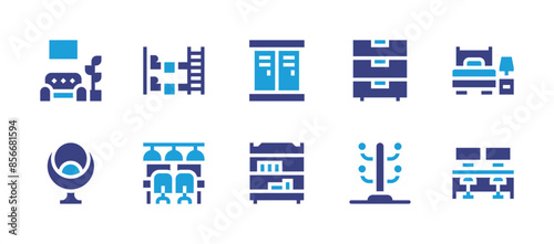 Furniture icon set. Duotone color. Vector illustration. Containing coworking, clothesrack, bunkbed, boxoffice, bookcase, cabinet, modernchair, singlebed, livingroom. photo