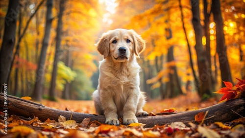 Adorable golden retriever puppy surrounded by vibrant autumn leaves and fallen branches, sitting in a serene forest setting, enjoying the fall ambiance. photo