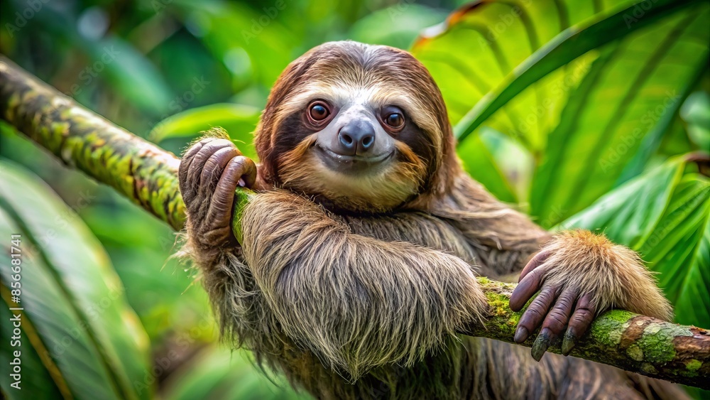 Naklejka premium Adorable brown-throated three-toed sloth relaxing on a rainforest tree branch in costa rica, scratching its belly with a cute facial expression, showcasing a perfect wild animal portrait.