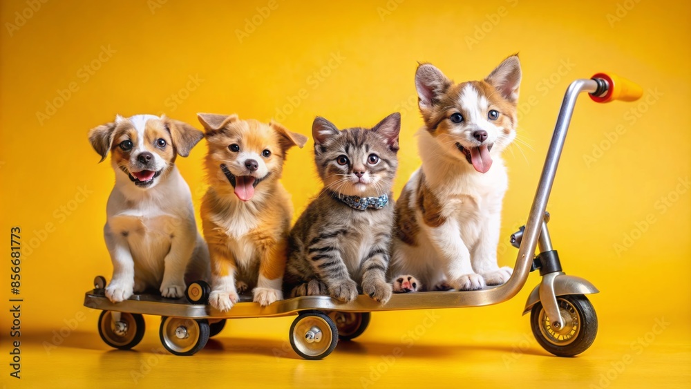 Fototapeta Adorable puppies and kittens ride tiny scooters with joyful expressions on a vibrant yellow background, conveying carefree leisure and playful adventure.