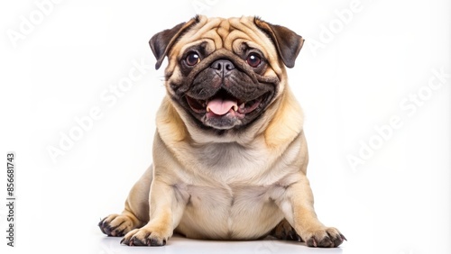 Adorable pug dog with human-like teeth smiles broadly, sitting on a white background, showcasing its playful and endearing personality with wrinkles and curly tail.