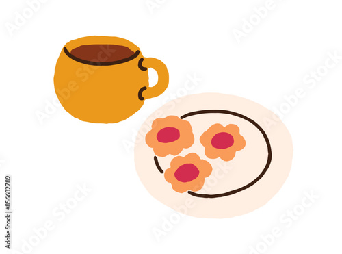 Tea cup, biscuits on plate. Sweet snack and teacup. Yummy cookies, dessert served with coffee mug. Patisserie treats, homemade bakery for teatime. Flat vector illustration isolated on white background