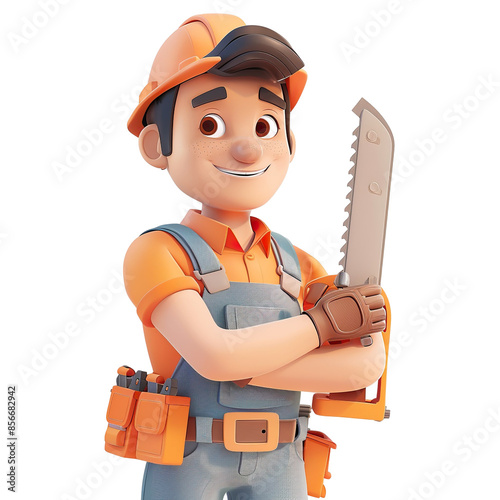 3d cartoon illustration of angled view close up shot of a male carpenter holding a saw, smiling, looking at camera isolated on a white transparent background photo