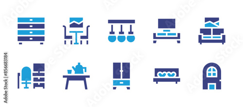 Furniture icon set. Duotone color. Vector illustration. Containing drawers, office, dinnertable, closet, lamps, tvtable, door, diningtable, bed, couch. photo