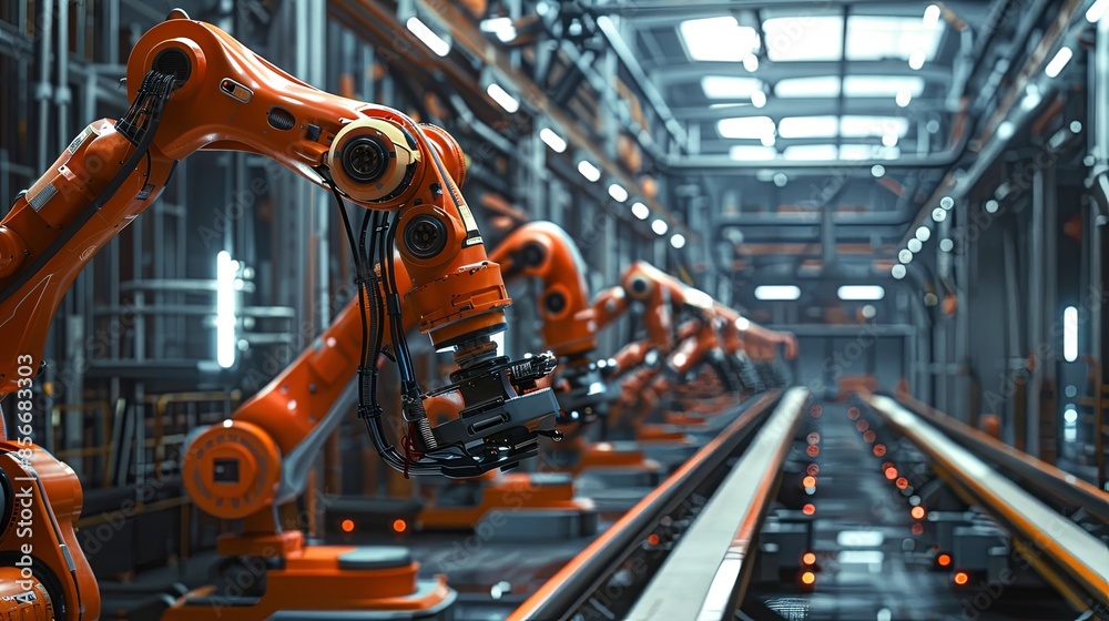 A row of robotic arms, controlled by AI, work seamlessly in a modern manufacturing plant, showcasing efficient and automated production processes. Generative AI A row of robotic arms, controlled by AI, work seamlessly in a modern manufacturing plant, showcasing efficient and automated production processes. Generative AI