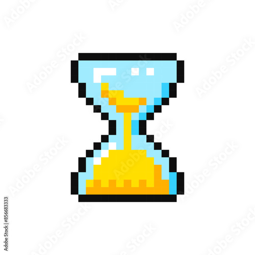 Hourglass, pixel item for game interface. Time game element. Hourglass, 8 bit resource.