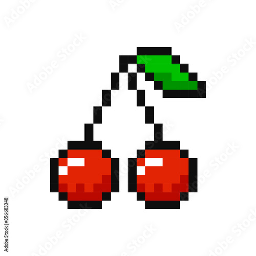 Cherries, pixel item for game interface. Cherries magic game element. Cherries, 8 bit resource.
