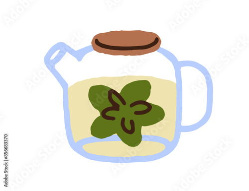 Tea brewing in glass pot. Chinese leaf, herbal infusion in water in transpare...