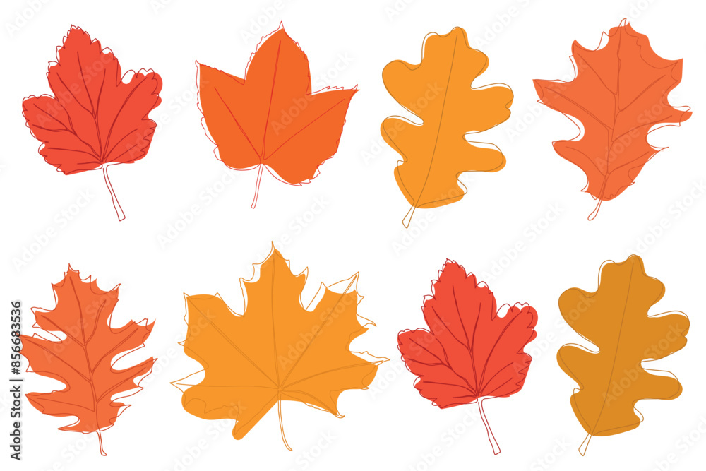 Set of bright autumn leaves drawn in a continuous line. Autumn leaf in one line style. Flower sketch. Composition of various leaves. Simple contour leaves. Vector illustration 
