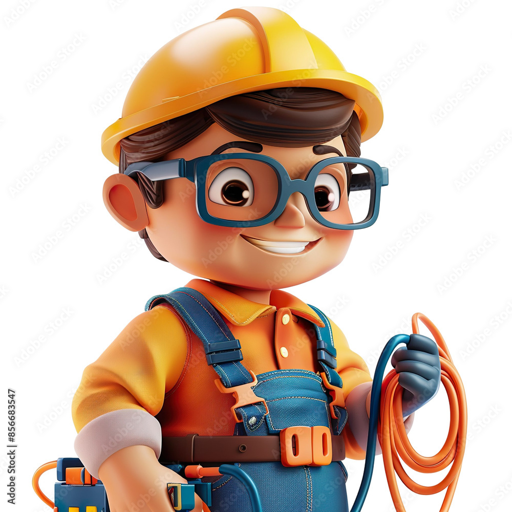 3d cartoon illustration of angled view close up shot of a male IT technician holding a network cable, smiling, looking at camera isolated on a white transparent background