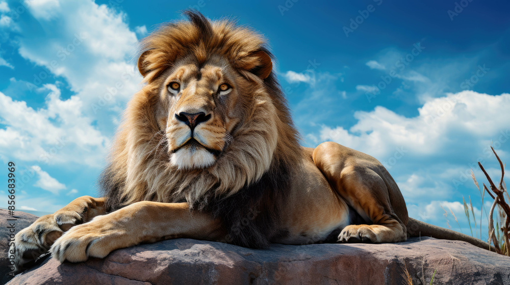 Naklejka premium The courageous lion on the rock in jungle with a blue sky