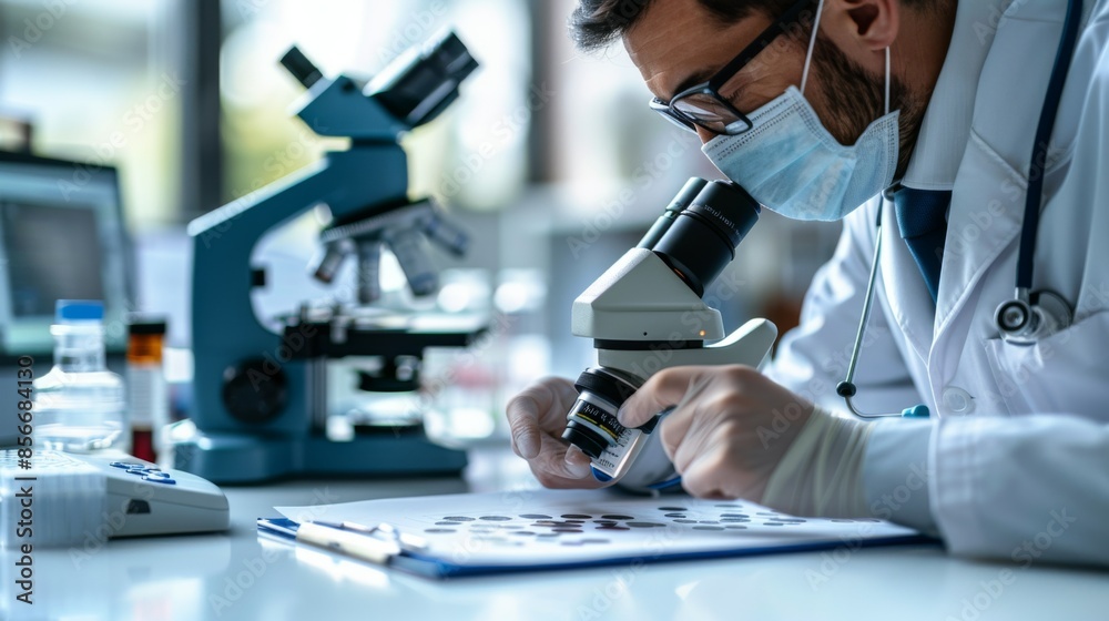 Doctor Reviewing Test Results: A doctor examining laboratory test results, with various medical tools and equipment visible in the background. Doctor Reviewing Test Results: A doctor examining laboratory test results, with various medical tools and equipment visible in the background.