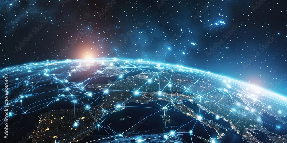 Obraz premium Global Digital Network Connectivity Over Earth