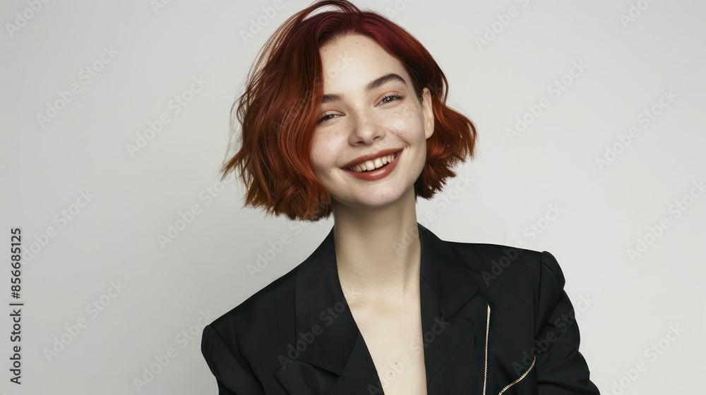 Promotional photo of hair dyeing Beautiful young Slavic woman wearing a minimalist black suit jacket. The bright happy mood on her face, the smile, the professional pose, the model's eye contact Promotional photo of hair dyeing Beautiful young Slavic woman wearing a minimalist black suit jacket. The bright happy mood on her face, the smile, the professional pose, the model's eye contact