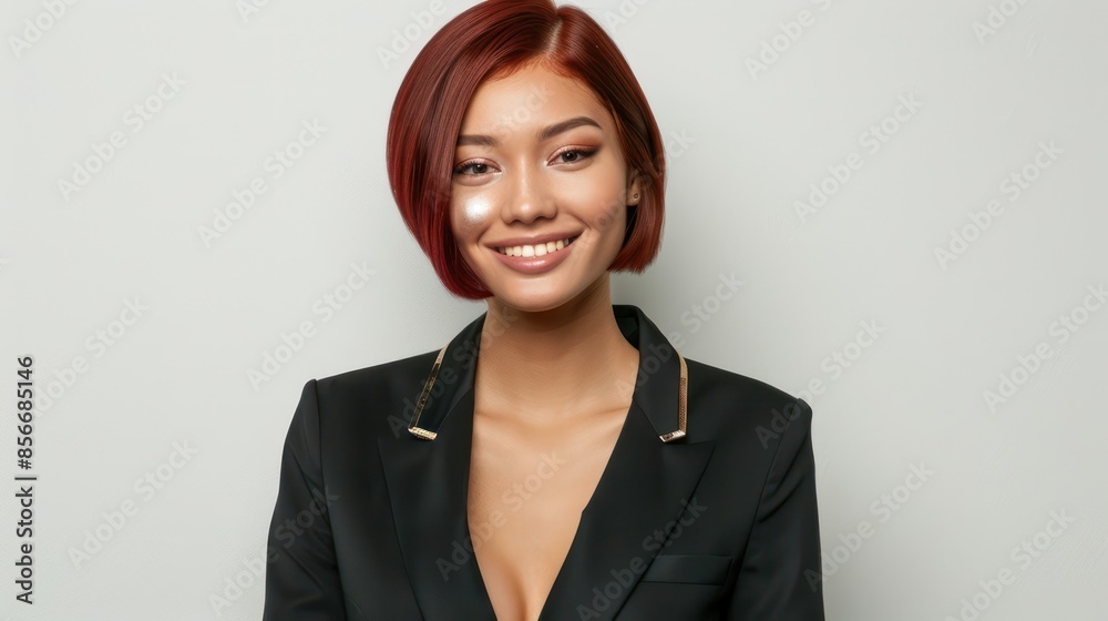 Promotional photo of hair dyeing Beautiful young Slavic woman wearing a minimalist black suit jacket. The bright happy mood on her face, the smile, the professional pose, the model's eye contact Promotional photo of hair dyeing Beautiful young Slavic woman wearing a minimalist black suit jacket. The bright happy mood on her face, the smile, the professional pose, the model's eye contact