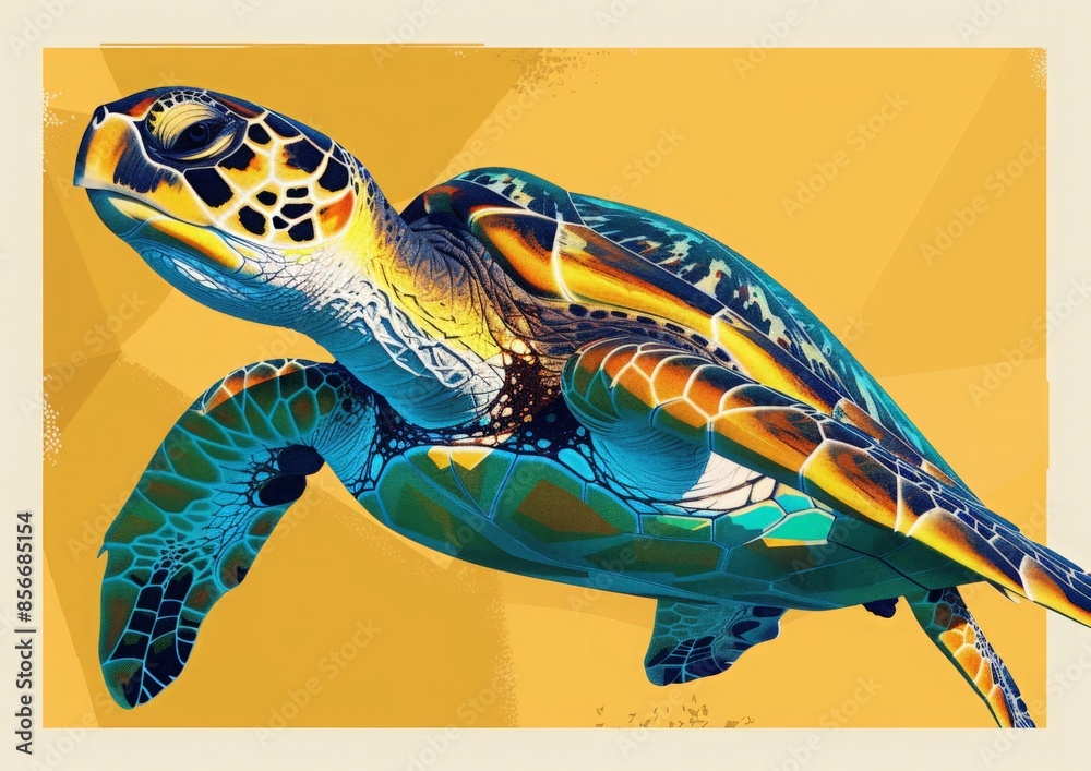 Fototapeta premium Colorful, polygonal illustration of a sea turtle swimming in a tropical ocean