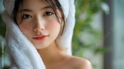 Serene Asian Woman with Towel Drying Skin and Body Care Concept photo