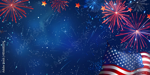 American Flag and Fireworks Extravaganza, Fourth of July Celebration with Fireworks, New Year's Eve background for new year event, A patriotic background with the American flag and fireworks